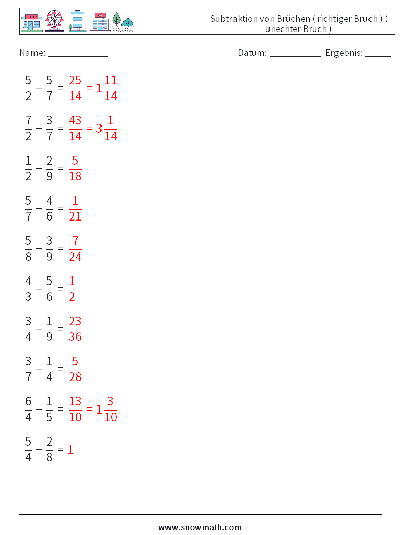 (10) Subtraktion von Brüchen ( richtiger Bruch ) ( unechter Bruch ) Mathe-Arbeitsblätter 18 Frage, Antwort