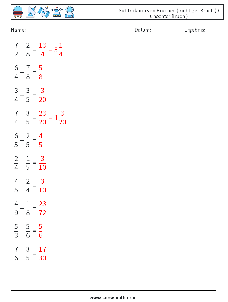 (10) Subtraktion von Brüchen ( richtiger Bruch ) ( unechter Bruch ) Mathe-Arbeitsblätter 1 Frage, Antwort