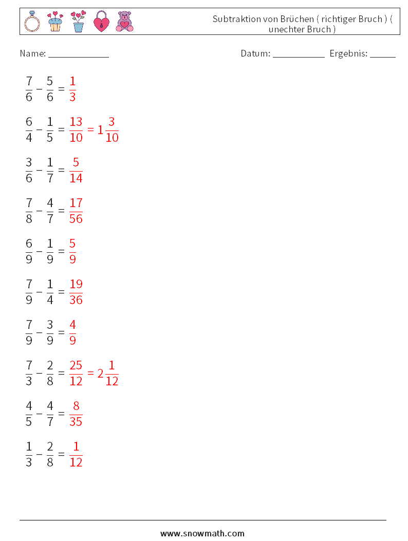 (10) Subtraktion von Brüchen ( richtiger Bruch ) ( unechter Bruch ) Mathe-Arbeitsblätter 2 Frage, Antwort