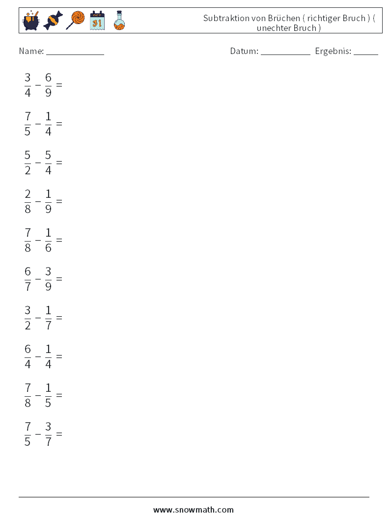 (10) Subtraktion von Brüchen ( richtiger Bruch ) ( unechter Bruch ) Mathe-Arbeitsblätter 4