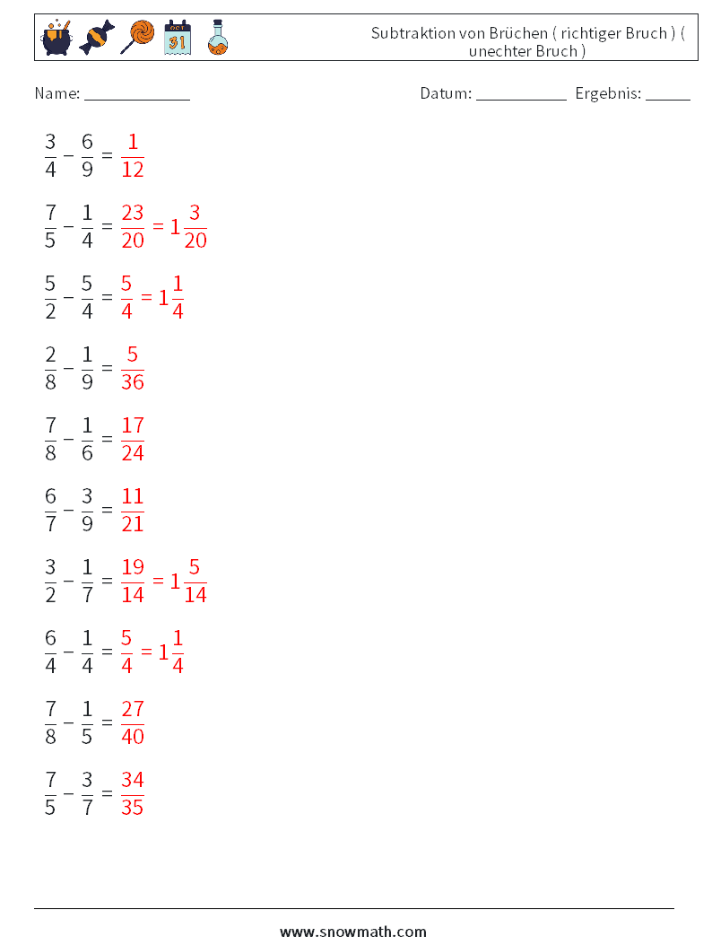 (10) Subtraktion von Brüchen ( richtiger Bruch ) ( unechter Bruch ) Mathe-Arbeitsblätter 4 Frage, Antwort