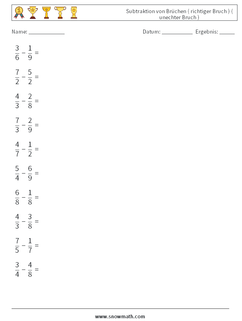 (10) Subtraktion von Brüchen ( richtiger Bruch ) ( unechter Bruch ) Mathe-Arbeitsblätter 5