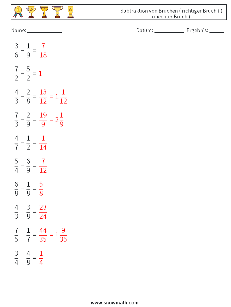 (10) Subtraktion von Brüchen ( richtiger Bruch ) ( unechter Bruch ) Mathe-Arbeitsblätter 5 Frage, Antwort