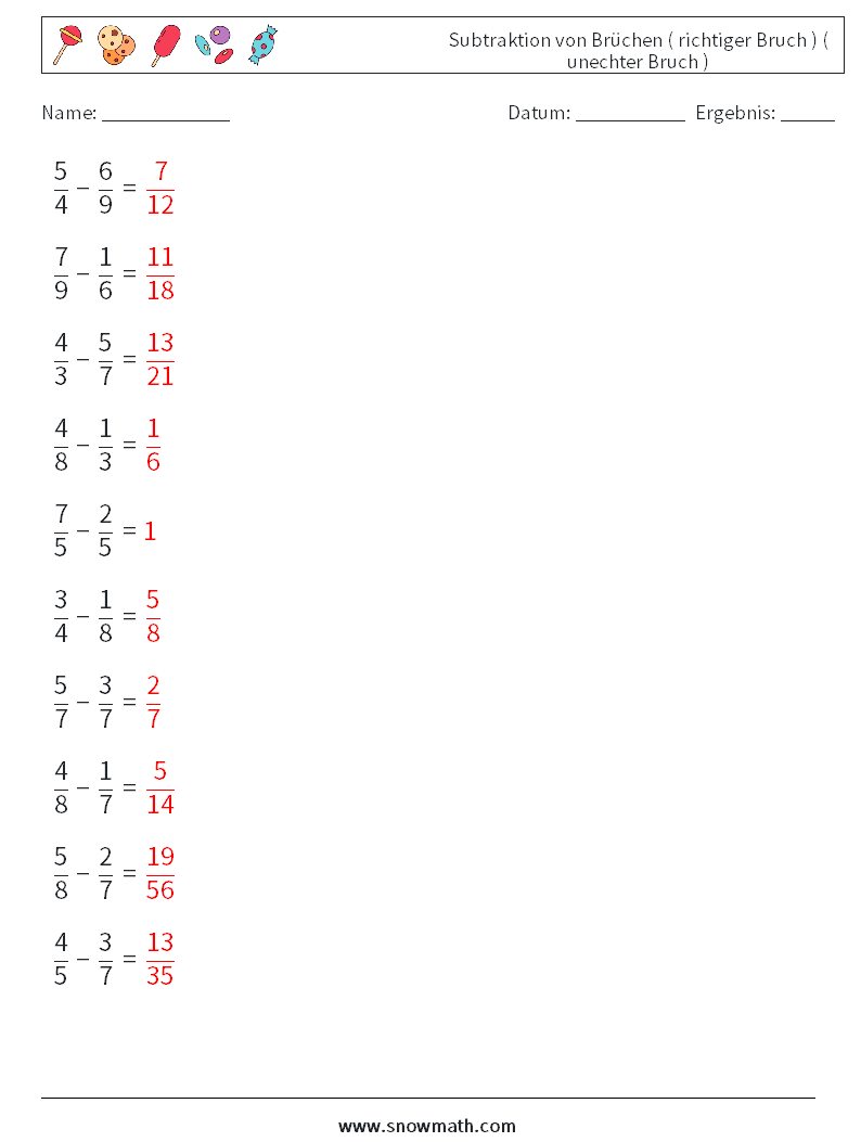 (10) Subtraktion von Brüchen ( richtiger Bruch ) ( unechter Bruch ) Mathe-Arbeitsblätter 6 Frage, Antwort