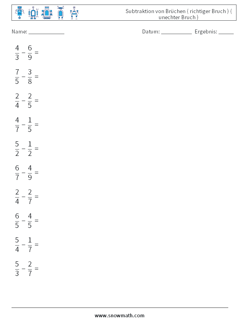 (10) Subtraktion von Brüchen ( richtiger Bruch ) ( unechter Bruch ) Mathe-Arbeitsblätter 7