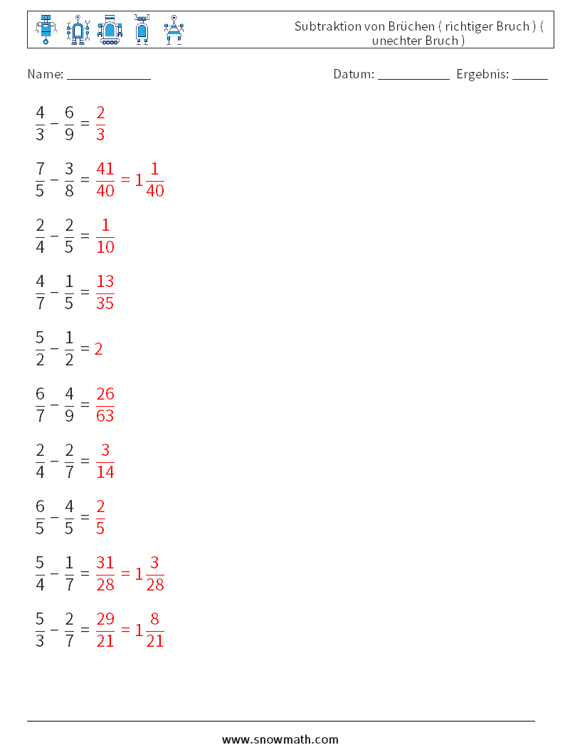 (10) Subtraktion von Brüchen ( richtiger Bruch ) ( unechter Bruch ) Mathe-Arbeitsblätter 7 Frage, Antwort