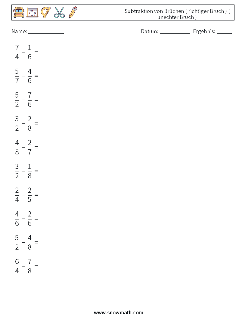 (10) Subtraktion von Brüchen ( richtiger Bruch ) ( unechter Bruch ) Mathe-Arbeitsblätter 8