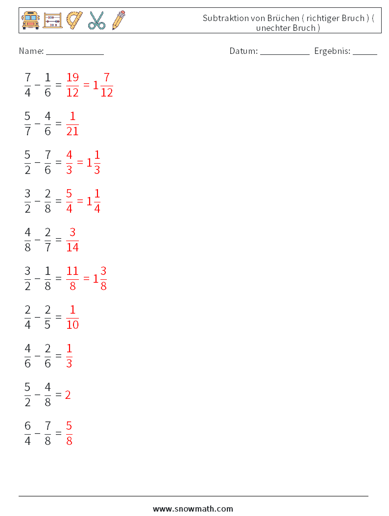 (10) Subtraktion von Brüchen ( richtiger Bruch ) ( unechter Bruch ) Mathe-Arbeitsblätter 8 Frage, Antwort