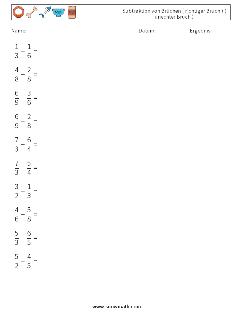 (10) Subtraktion von Brüchen ( richtiger Bruch ) ( unechter Bruch ) Mathe-Arbeitsblätter 9