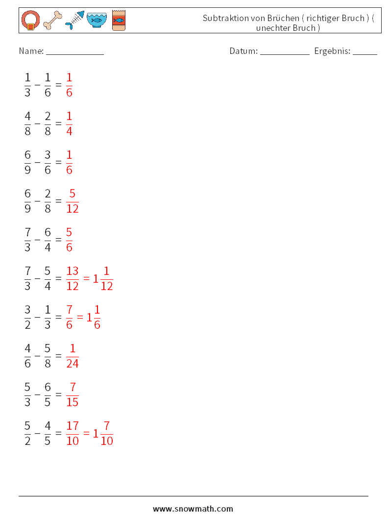 (10) Subtraktion von Brüchen ( richtiger Bruch ) ( unechter Bruch ) Mathe-Arbeitsblätter 9 Frage, Antwort