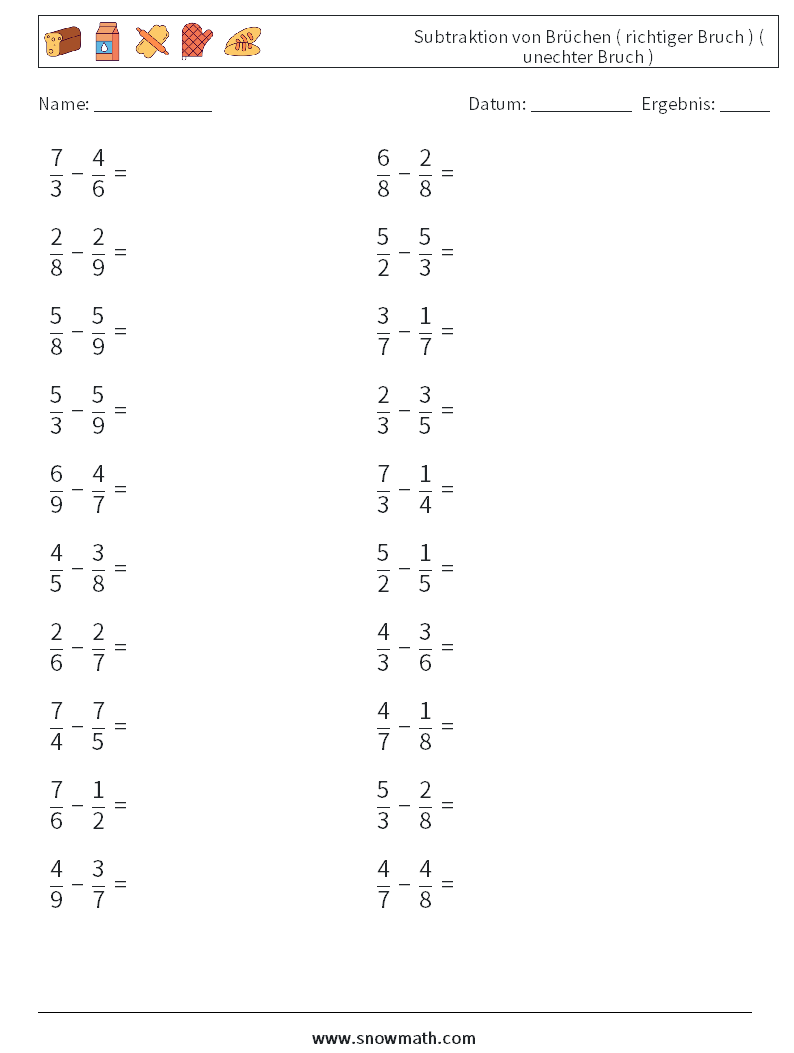 (20) Subtraktion von Brüchen ( richtiger Bruch ) ( unechter Bruch ) Mathe-Arbeitsblätter 1