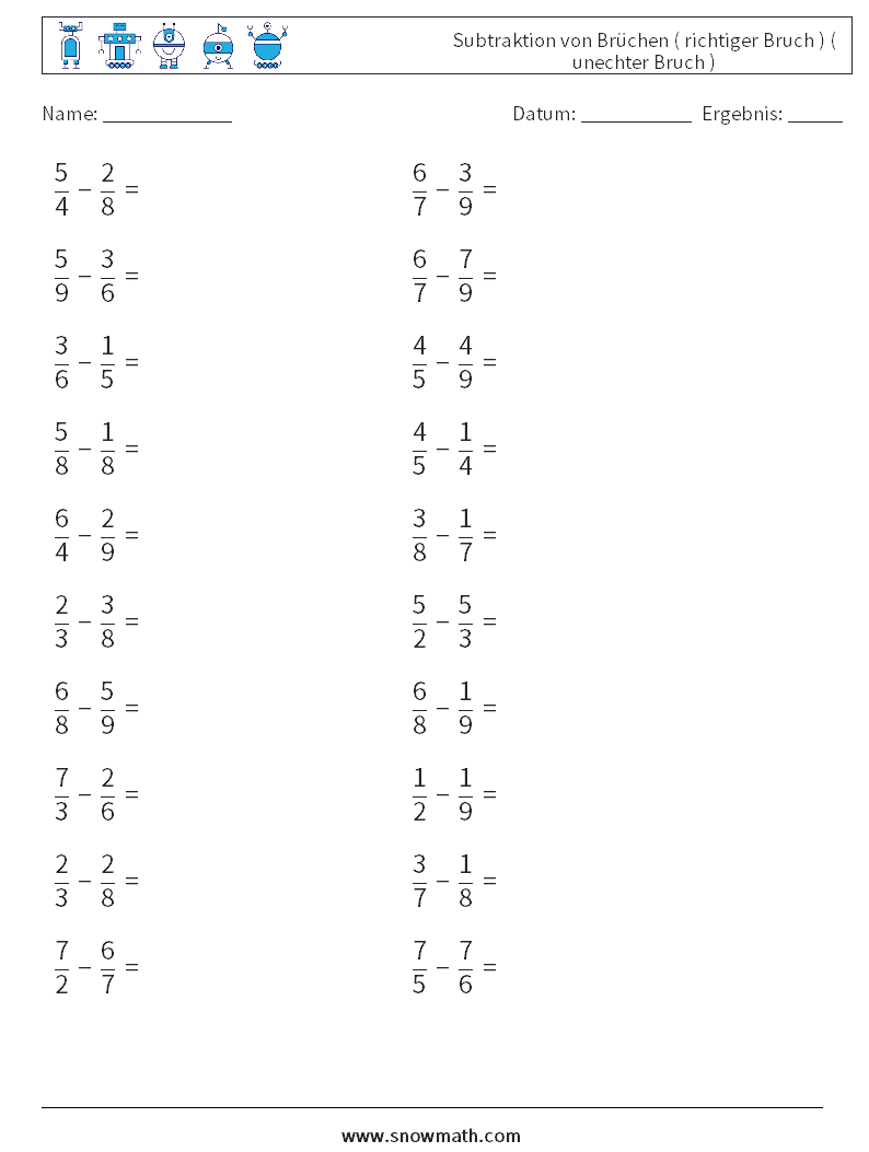 (20) Subtraktion von Brüchen ( richtiger Bruch ) ( unechter Bruch ) Mathe-Arbeitsblätter 11