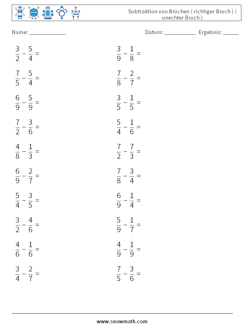 (20) Subtraktion von Brüchen ( richtiger Bruch ) ( unechter Bruch ) Mathe-Arbeitsblätter 12