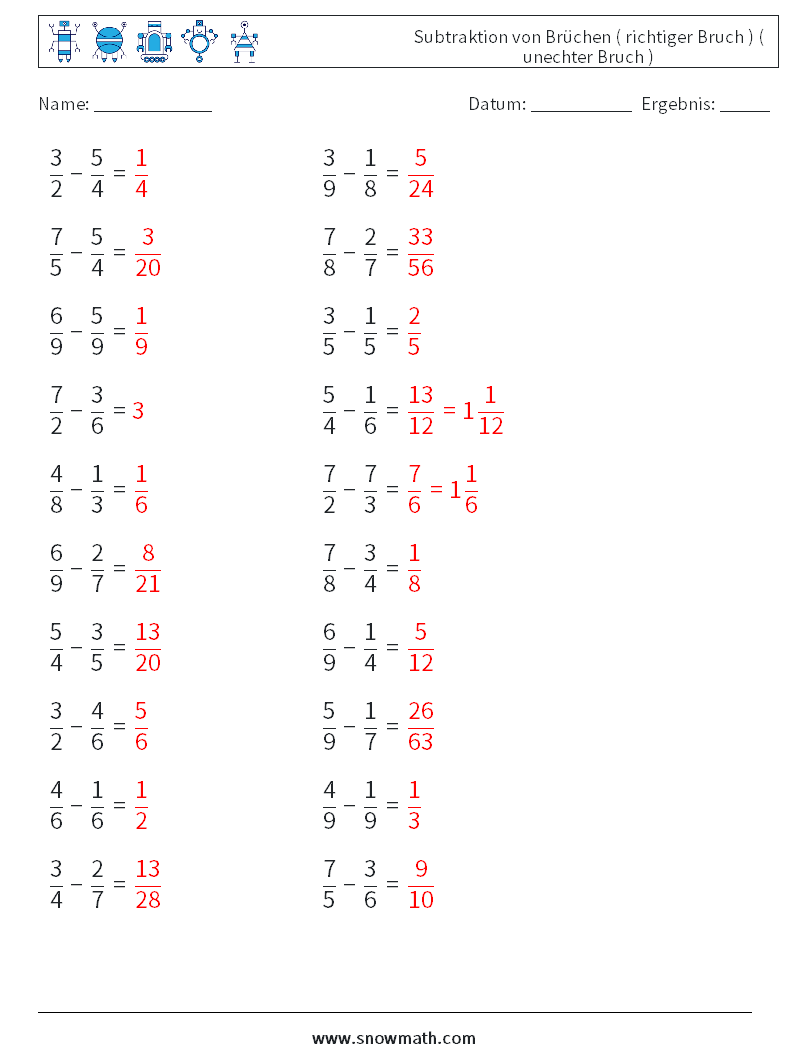 (20) Subtraktion von Brüchen ( richtiger Bruch ) ( unechter Bruch ) Mathe-Arbeitsblätter 12 Frage, Antwort