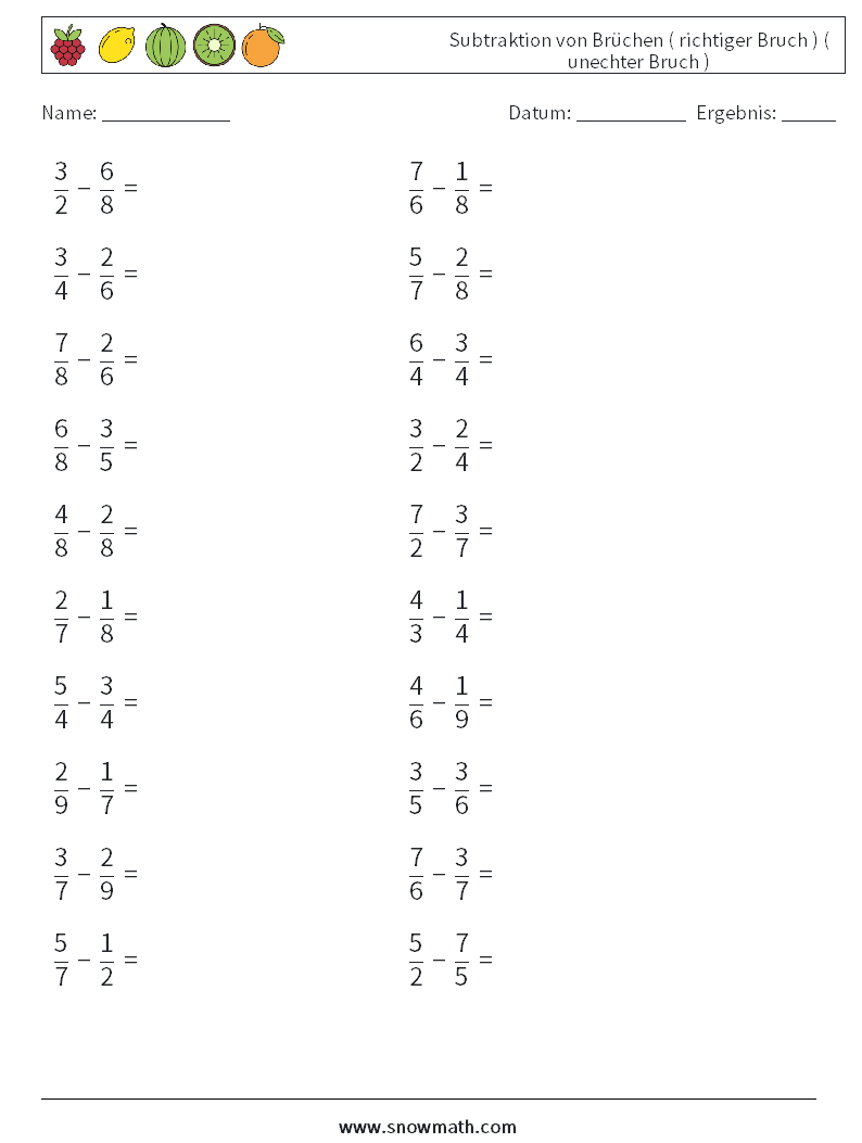 (20) Subtraktion von Brüchen ( richtiger Bruch ) ( unechter Bruch ) Mathe-Arbeitsblätter 13