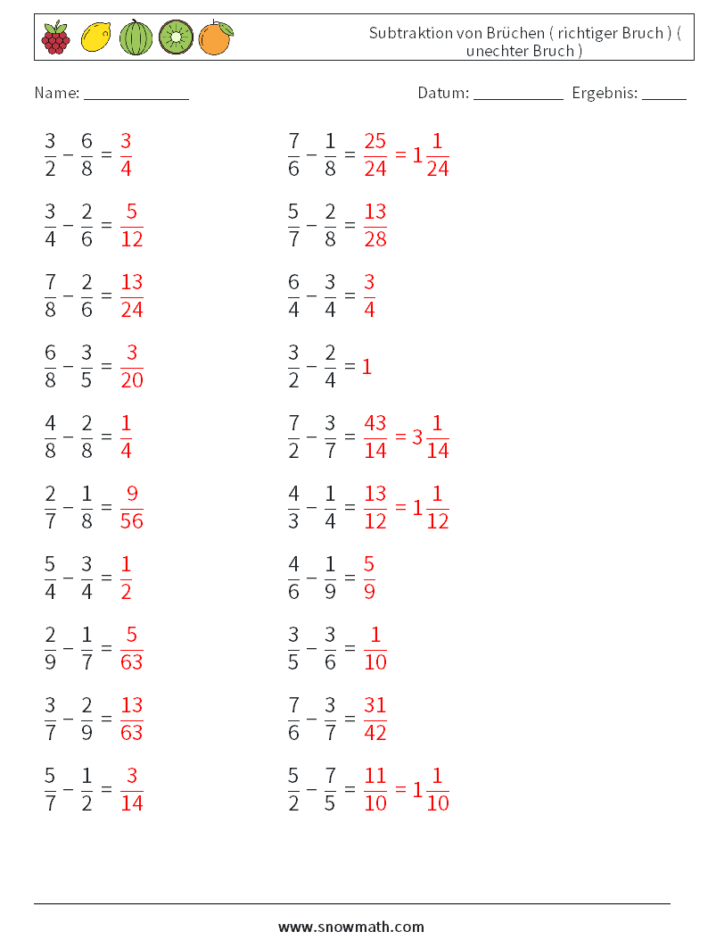 (20) Subtraktion von Brüchen ( richtiger Bruch ) ( unechter Bruch ) Mathe-Arbeitsblätter 13 Frage, Antwort