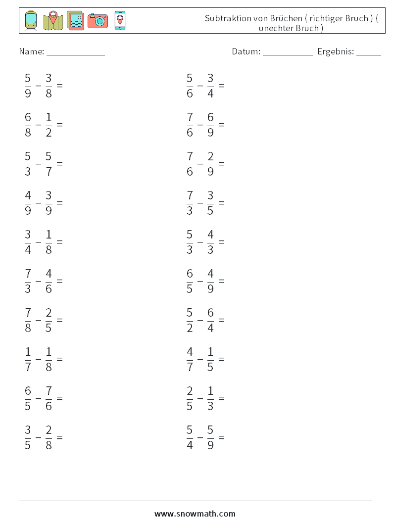 (20) Subtraktion von Brüchen ( richtiger Bruch ) ( unechter Bruch ) Mathe-Arbeitsblätter 14