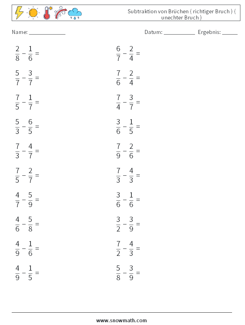 (20) Subtraktion von Brüchen ( richtiger Bruch ) ( unechter Bruch ) Mathe-Arbeitsblätter 15