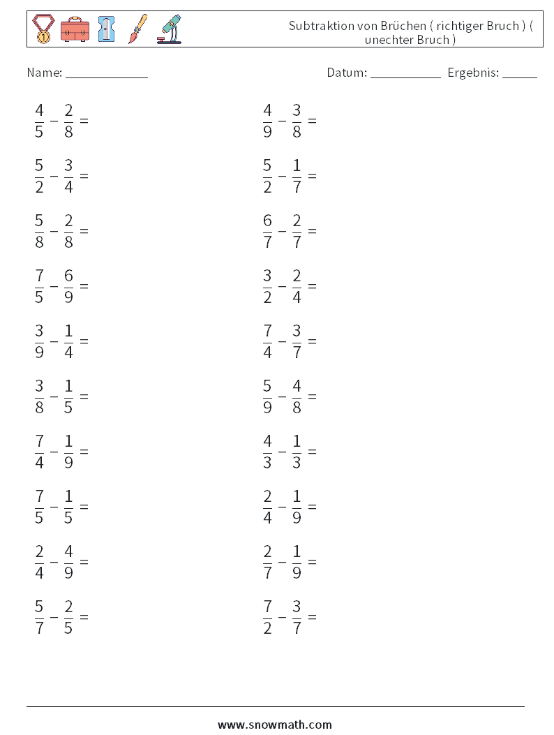 (20) Subtraktion von Brüchen ( richtiger Bruch ) ( unechter Bruch ) Mathe-Arbeitsblätter 16