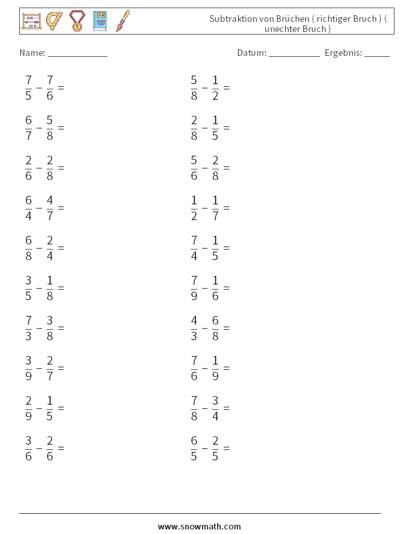 (20) Subtraktion von Brüchen ( richtiger Bruch ) ( unechter Bruch ) Mathe-Arbeitsblätter 17