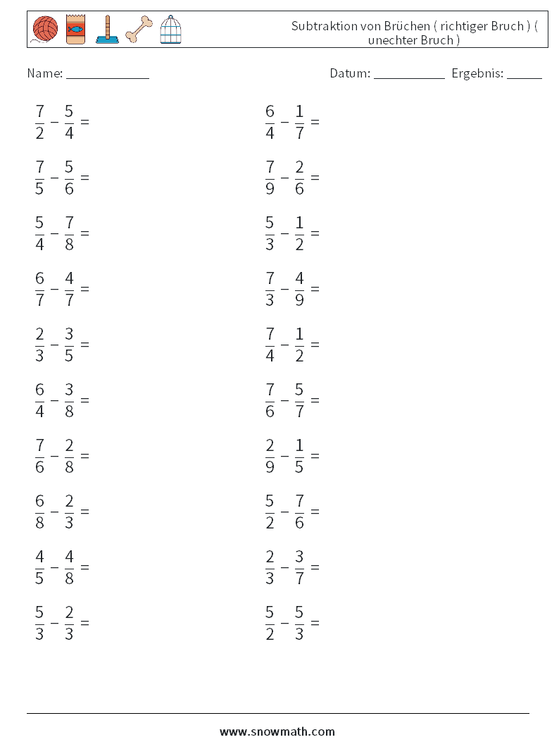 (20) Subtraktion von Brüchen ( richtiger Bruch ) ( unechter Bruch ) Mathe-Arbeitsblätter 18