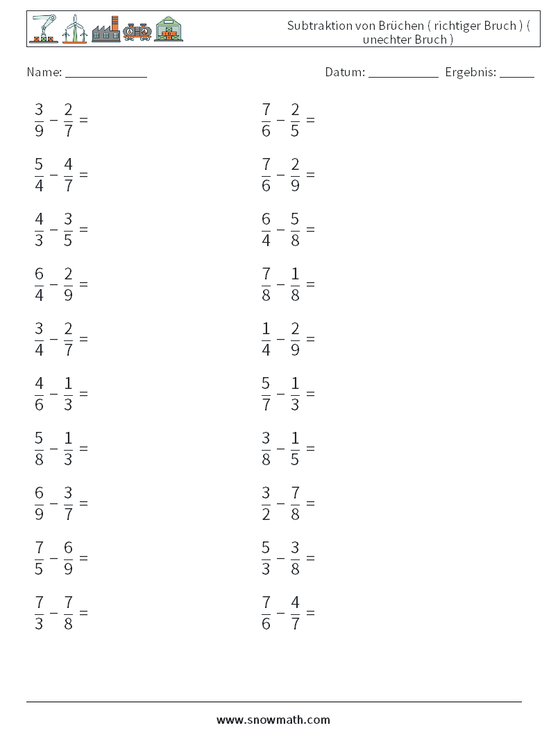 (20) Subtraktion von Brüchen ( richtiger Bruch ) ( unechter Bruch ) Mathe-Arbeitsblätter 2