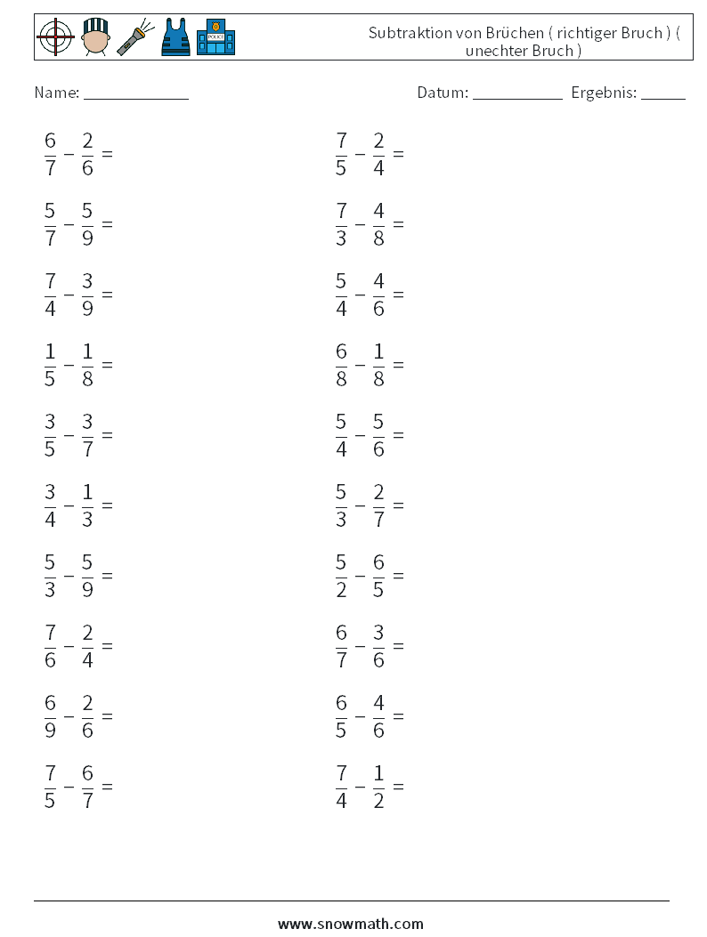 (20) Subtraktion von Brüchen ( richtiger Bruch ) ( unechter Bruch ) Mathe-Arbeitsblätter 3