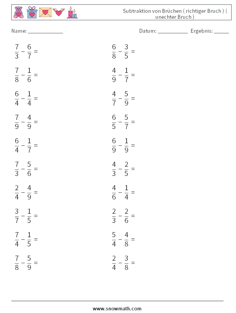 (20) Subtraktion von Brüchen ( richtiger Bruch ) ( unechter Bruch ) Mathe-Arbeitsblätter 4