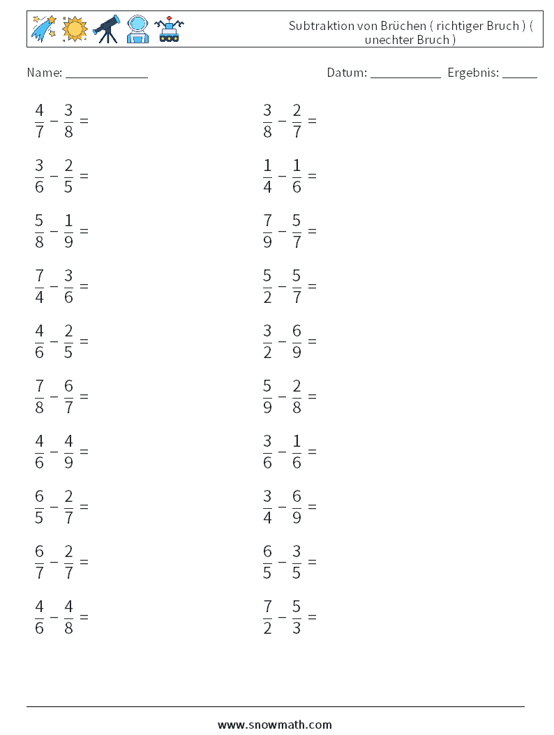 (20) Subtraktion von Brüchen ( richtiger Bruch ) ( unechter Bruch ) Mathe-Arbeitsblätter 5