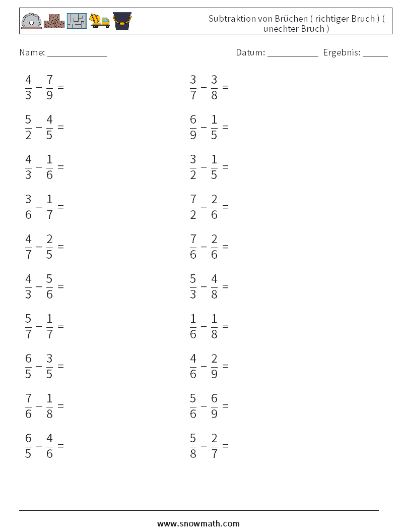 (20) Subtraktion von Brüchen ( richtiger Bruch ) ( unechter Bruch ) Mathe-Arbeitsblätter 6