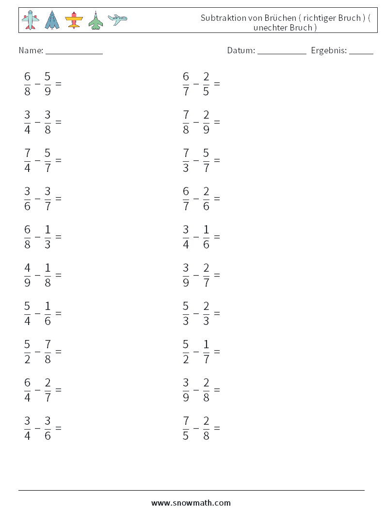 (20) Subtraktion von Brüchen ( richtiger Bruch ) ( unechter Bruch ) Mathe-Arbeitsblätter 8