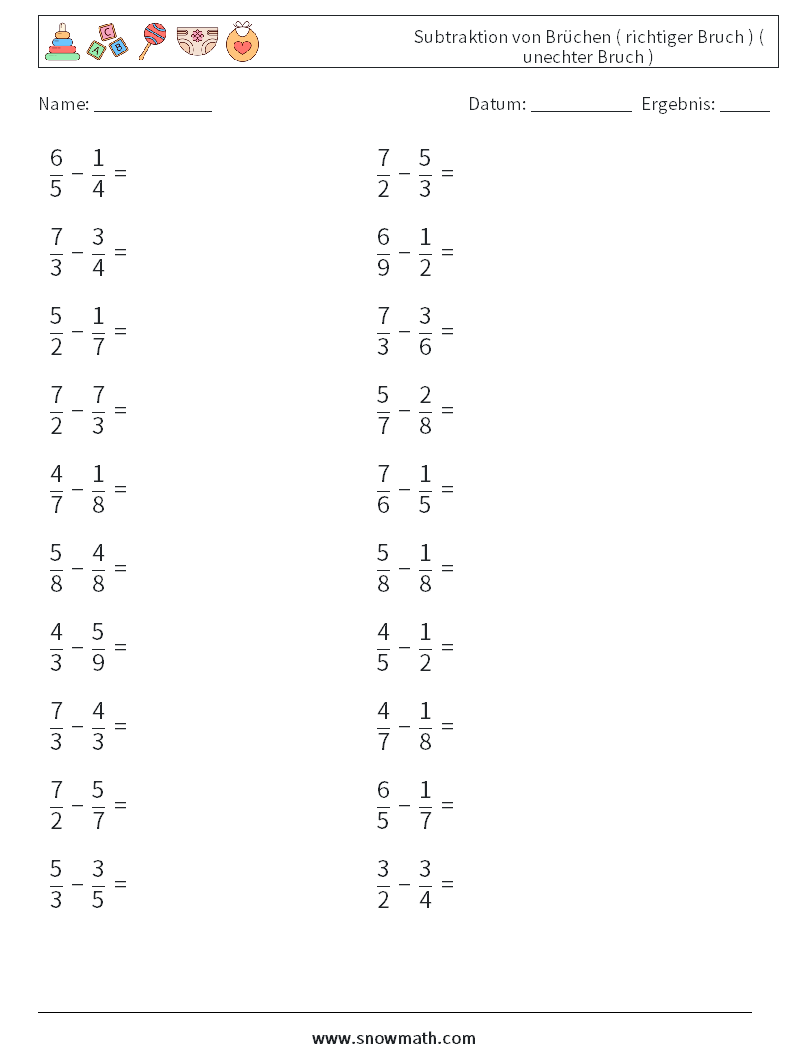 (20) Subtraktion von Brüchen ( richtiger Bruch ) ( unechter Bruch ) Mathe-Arbeitsblätter 9