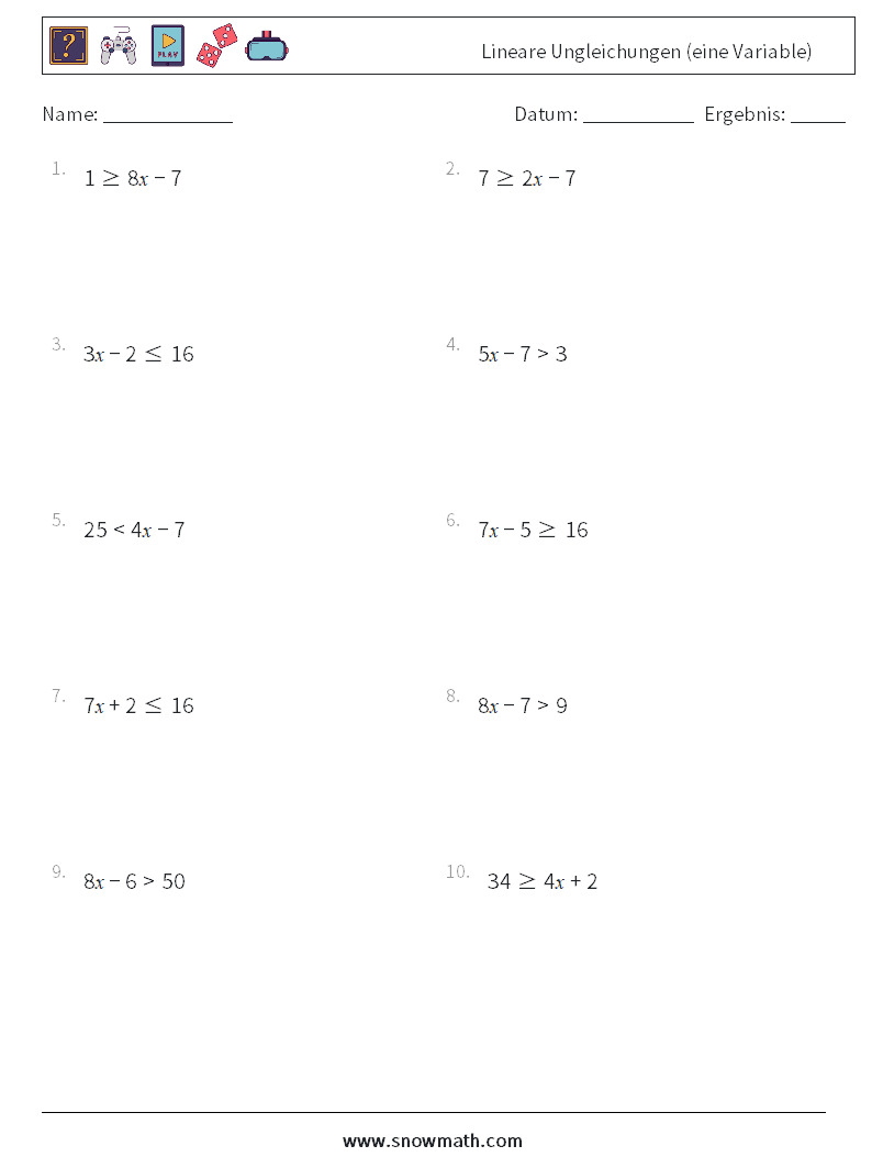 Lineare Ungleichungen (eine Variable) Mathe-Arbeitsblätter 1