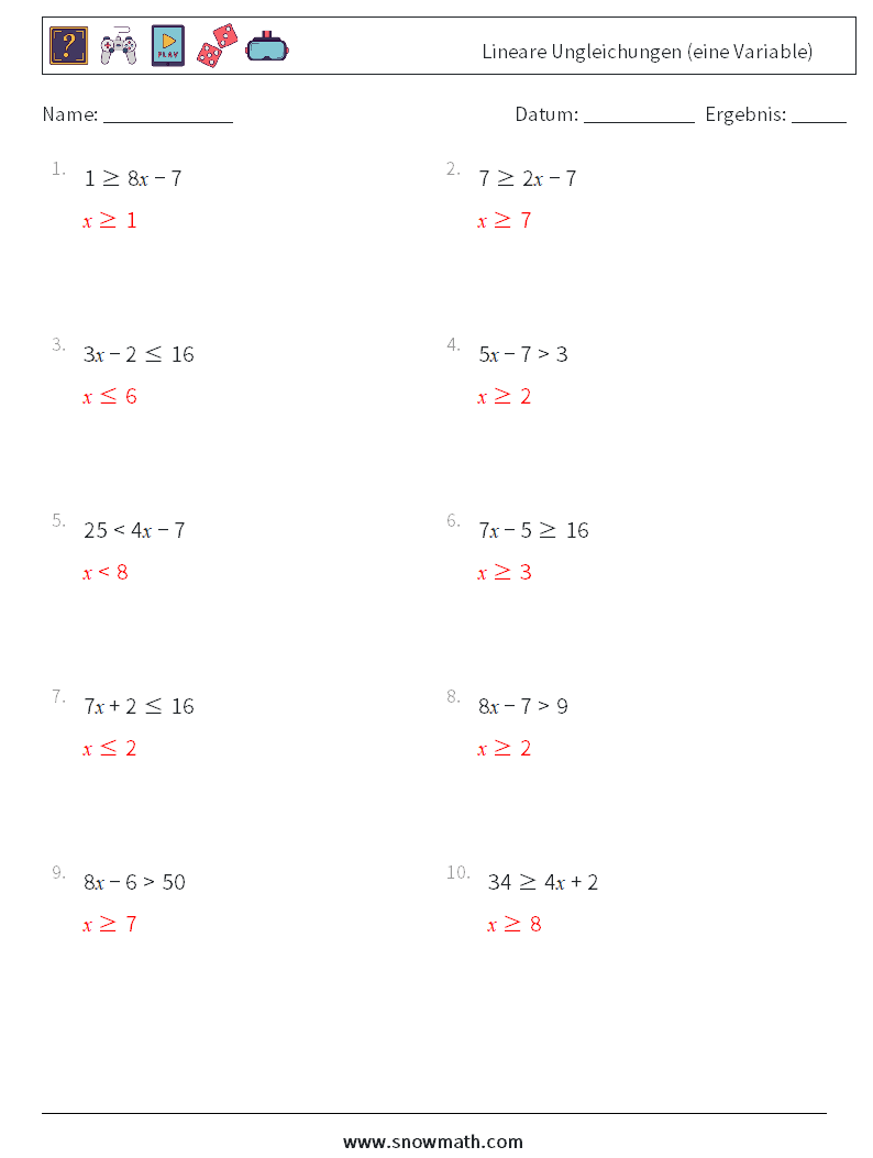 Lineare Ungleichungen (eine Variable) Mathe-Arbeitsblätter 1 Frage, Antwort