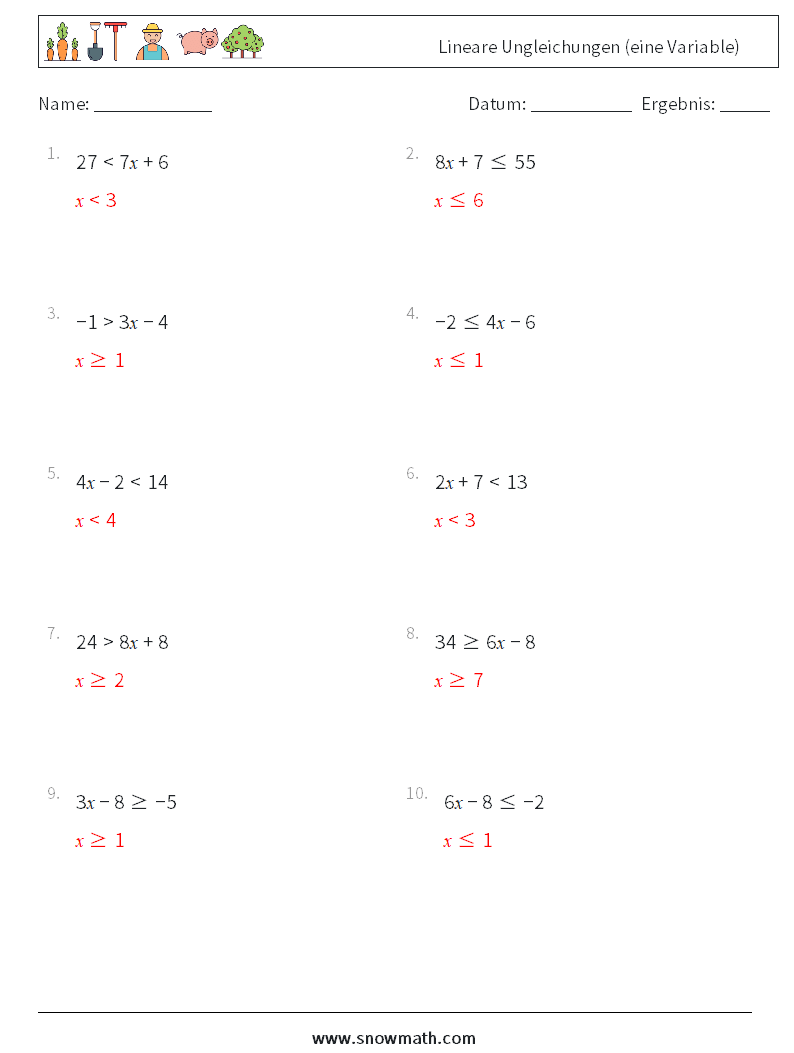 Lineare Ungleichungen (eine Variable) Mathe-Arbeitsblätter 2 Frage, Antwort