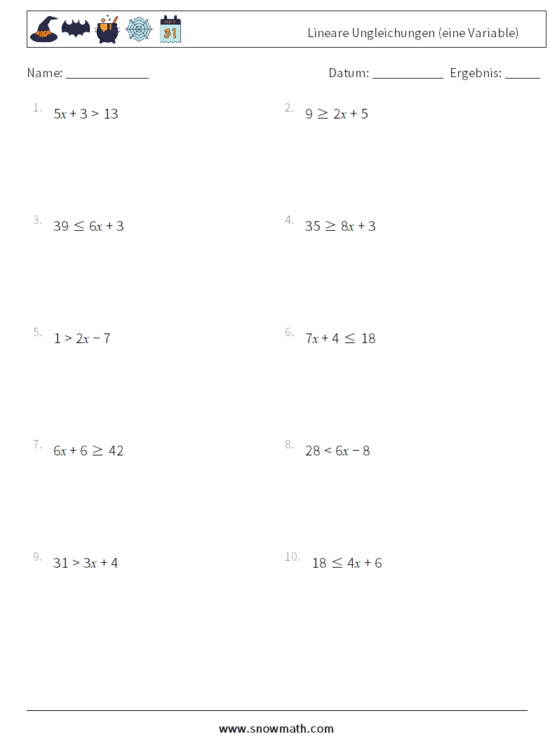 Lineare Ungleichungen (eine Variable) Mathe-Arbeitsblätter 3