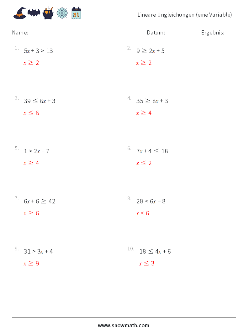 Lineare Ungleichungen (eine Variable) Mathe-Arbeitsblätter 3 Frage, Antwort