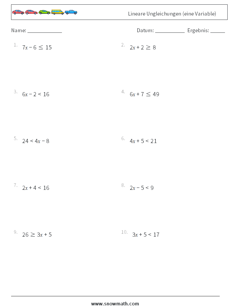 Lineare Ungleichungen (eine Variable) Mathe-Arbeitsblätter 4