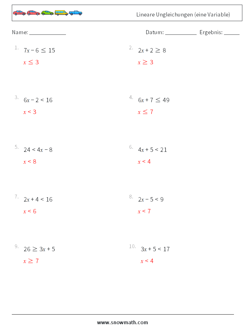 Lineare Ungleichungen (eine Variable) Mathe-Arbeitsblätter 4 Frage, Antwort