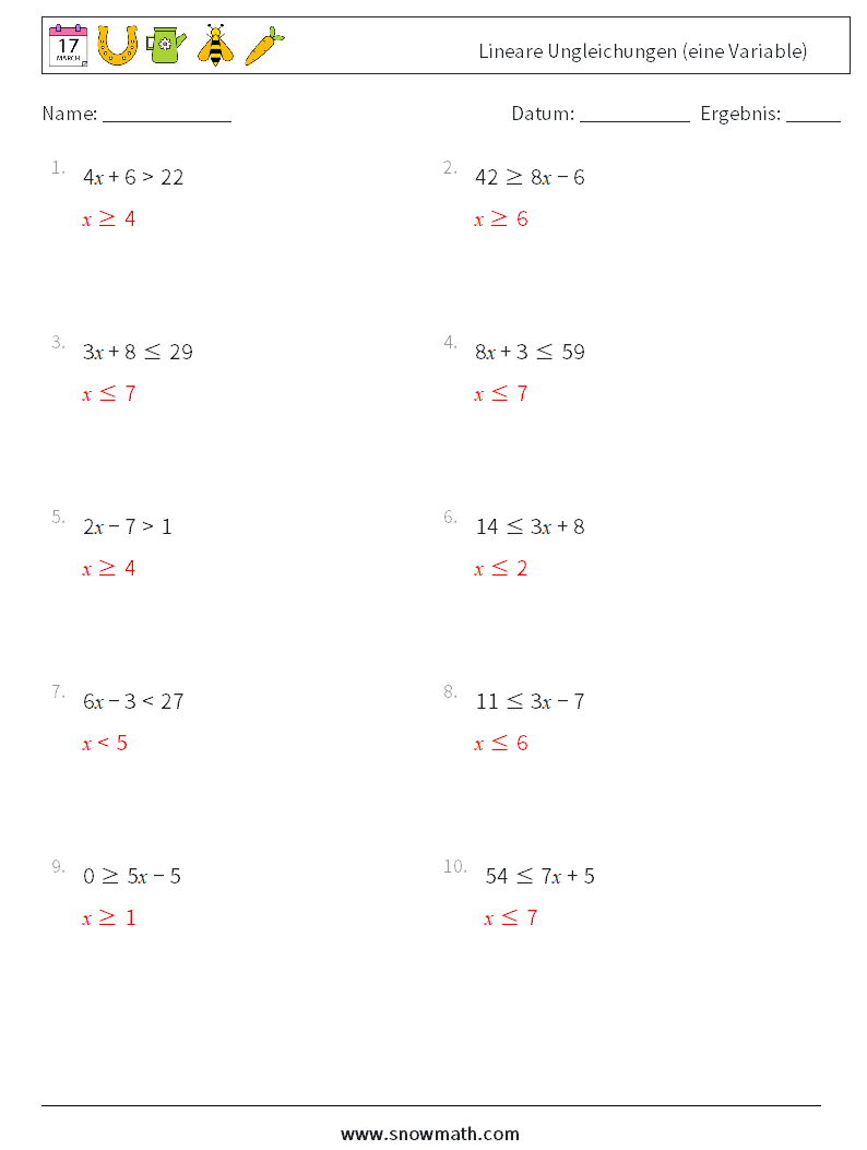 Lineare Ungleichungen (eine Variable) Mathe-Arbeitsblätter 5 Frage, Antwort