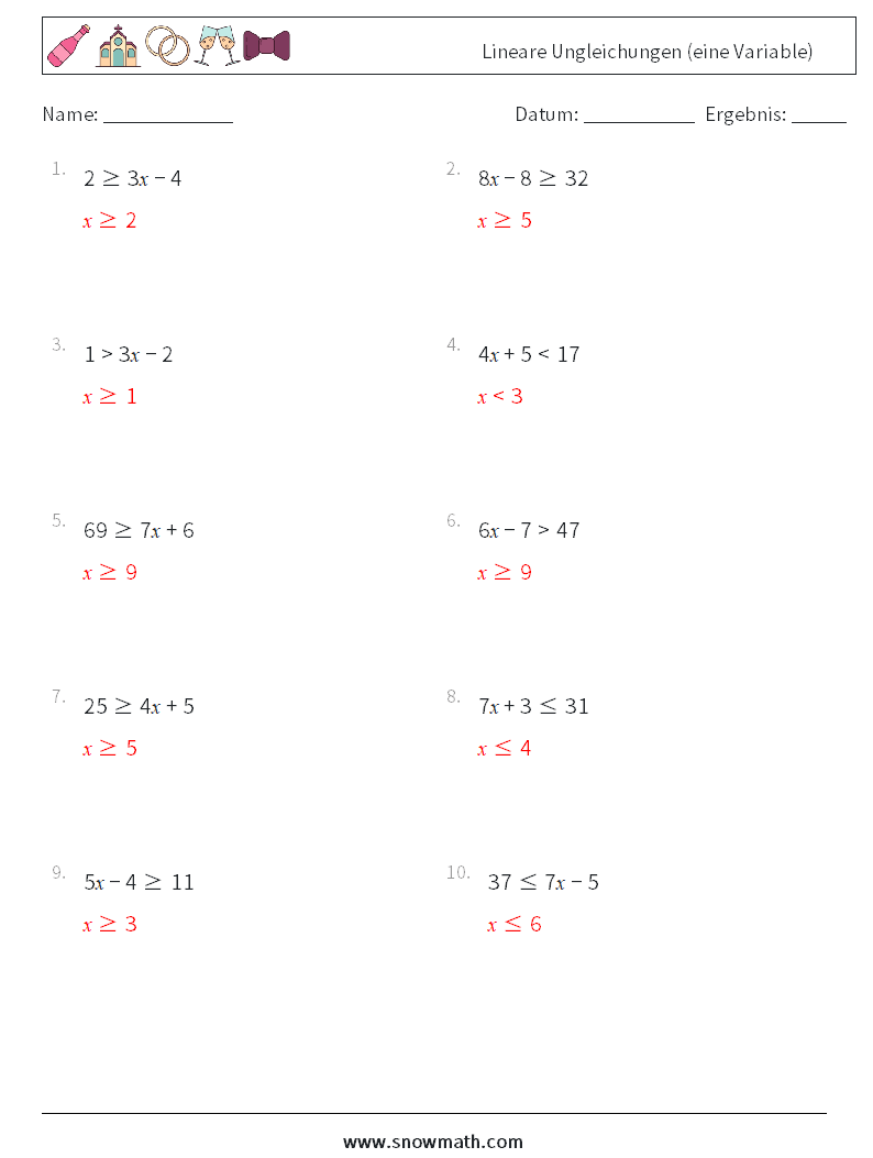 Lineare Ungleichungen (eine Variable) Mathe-Arbeitsblätter 6 Frage, Antwort