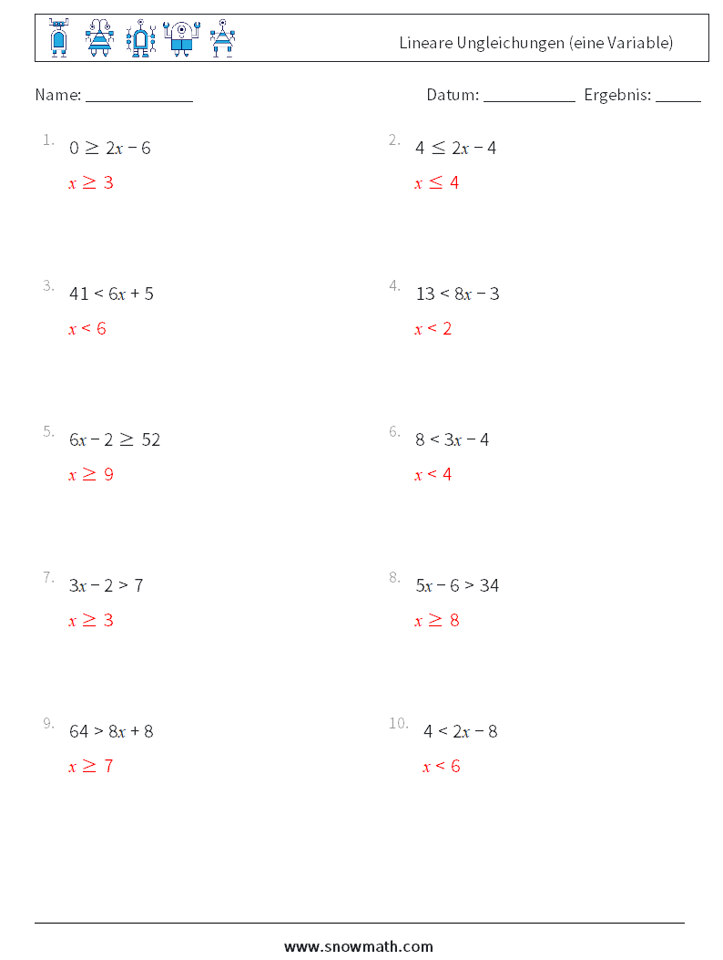 Lineare Ungleichungen (eine Variable) Mathe-Arbeitsblätter 7 Frage, Antwort