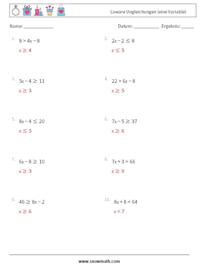 Lineare Ungleichungen (eine Variable) Mathe-Arbeitsblätter 8 Frage, Antwort