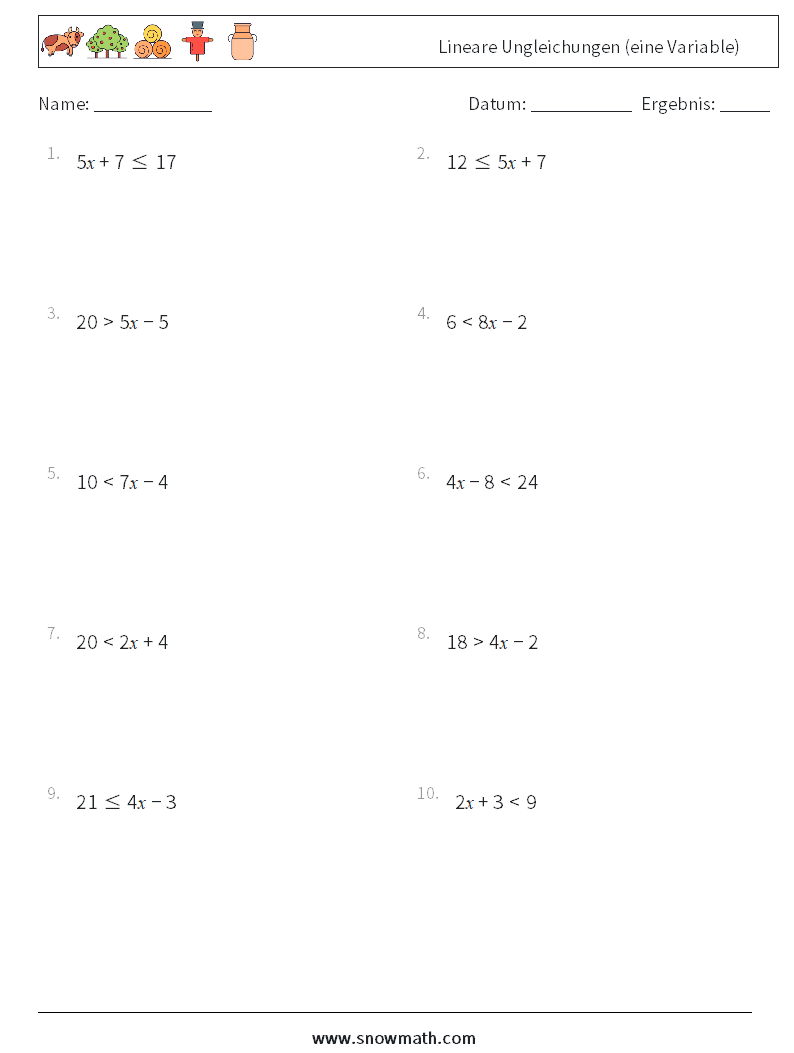 Lineare Ungleichungen (eine Variable) Mathe-Arbeitsblätter 9