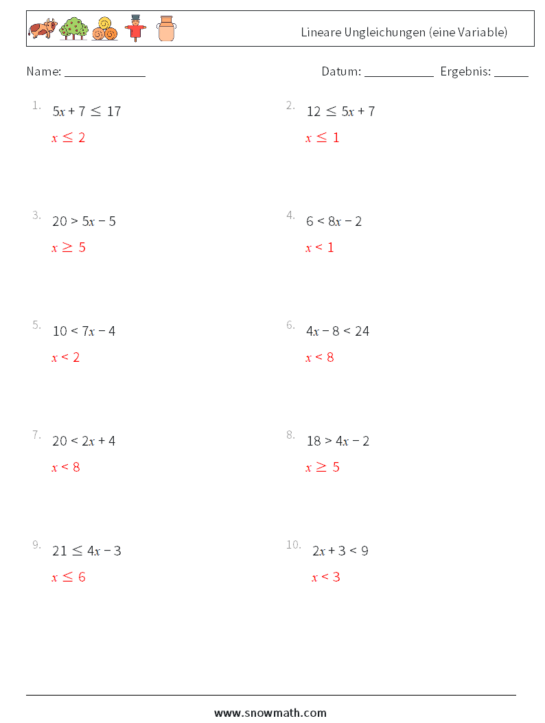 Lineare Ungleichungen (eine Variable) Mathe-Arbeitsblätter 9 Frage, Antwort