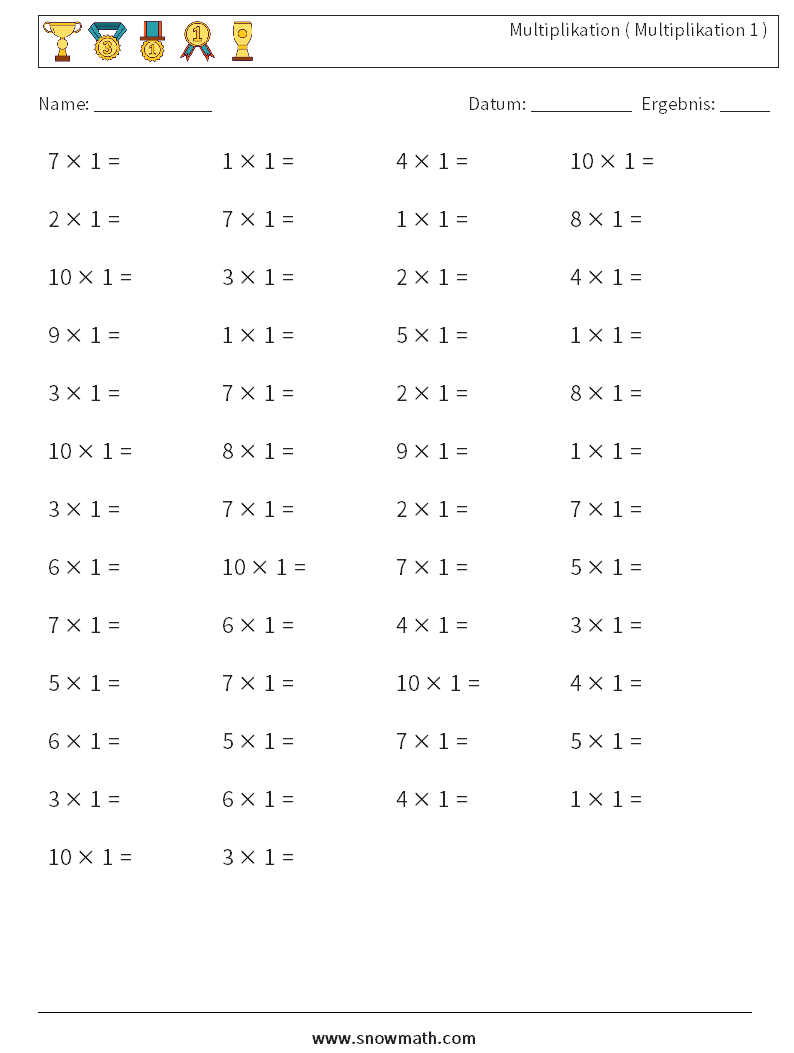 (50) Multiplikation ( Multiplikation 1 ) Mathe-Arbeitsblätter 1