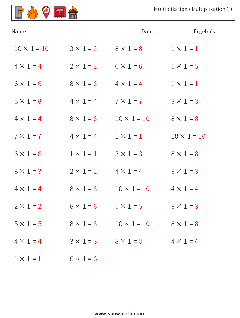 (50) Multiplikation ( Multiplikation 1 ) Mathe-Arbeitsblätter 4 Frage, Antwort