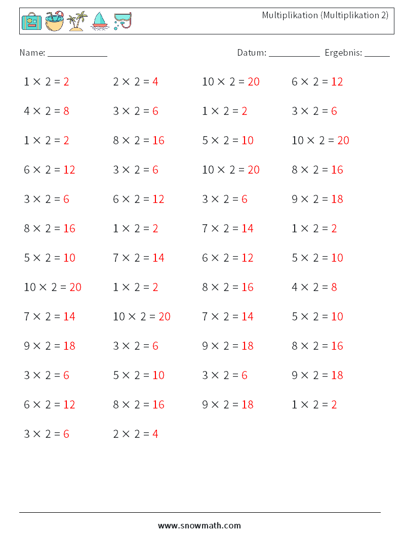 (50) Multiplikation (Multiplikation 2) Mathe-Arbeitsblätter 1 Frage, Antwort