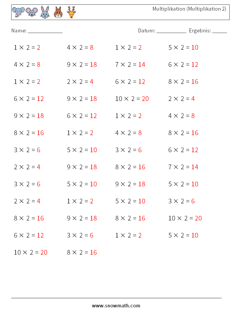 (50) Multiplikation (Multiplikation 2) Mathe-Arbeitsblätter 3 Frage, Antwort