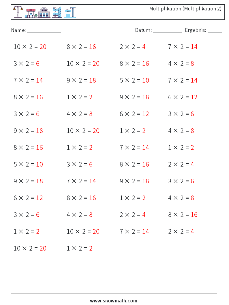(50) Multiplikation (Multiplikation 2) Mathe-Arbeitsblätter 4 Frage, Antwort
